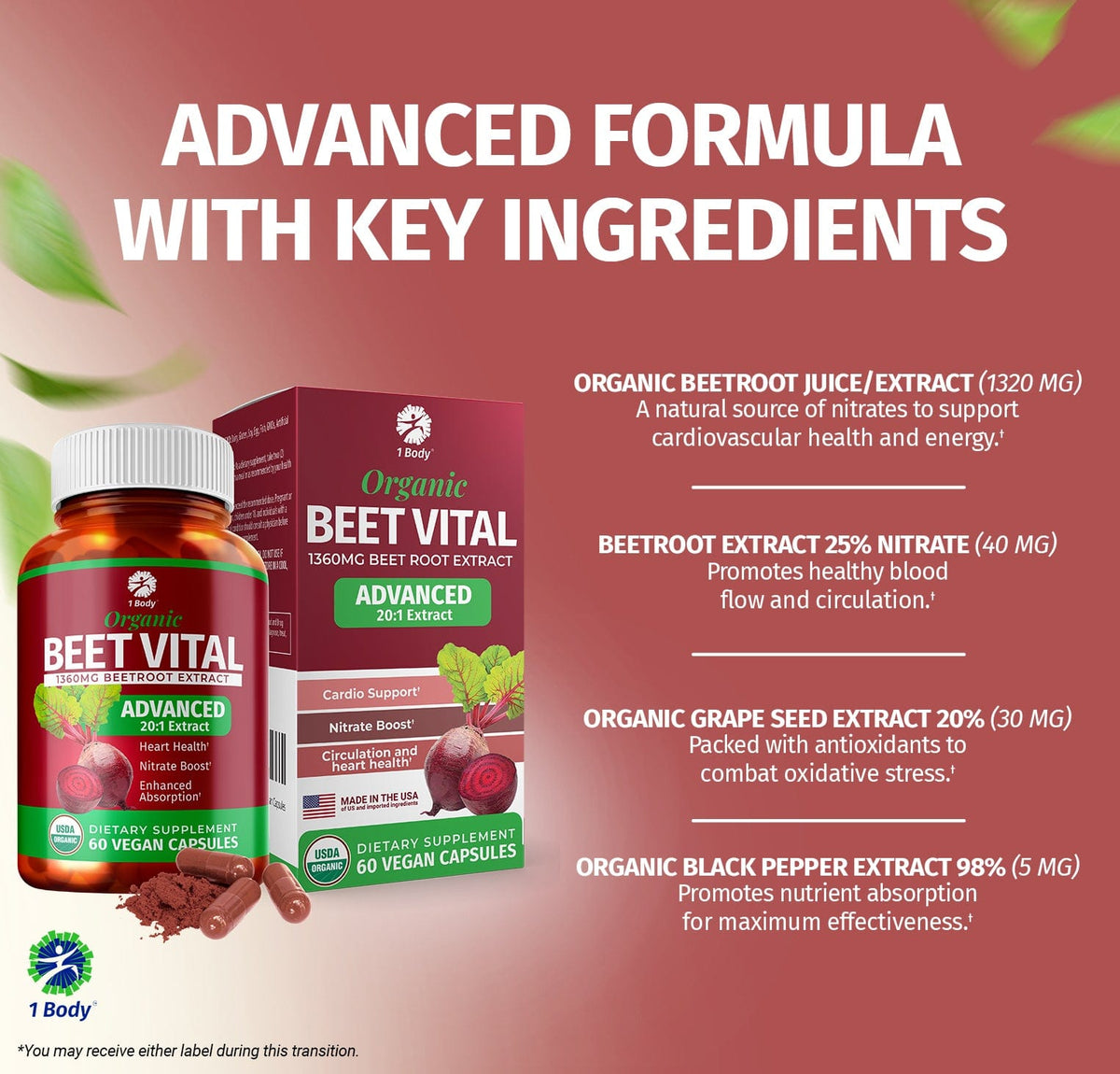 1 Body Beet Vital Organic Beet Root Capsules, 1360mg, 20:1 Concentrated ...