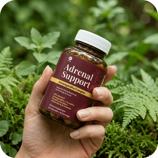 A hand holding an amber bottle labeled 'Adrenal Support' with a white cap, set against a blurred green natural background of leaves and ferns.