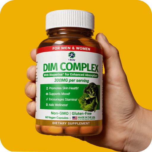 A hand holding a bottle of 1 Body DIM Complex dietary supplement against a solid yellow background. The bottle is amber brown with a white ribbed cap and a white label featuring green and red text, with a graphic of green broccoli.