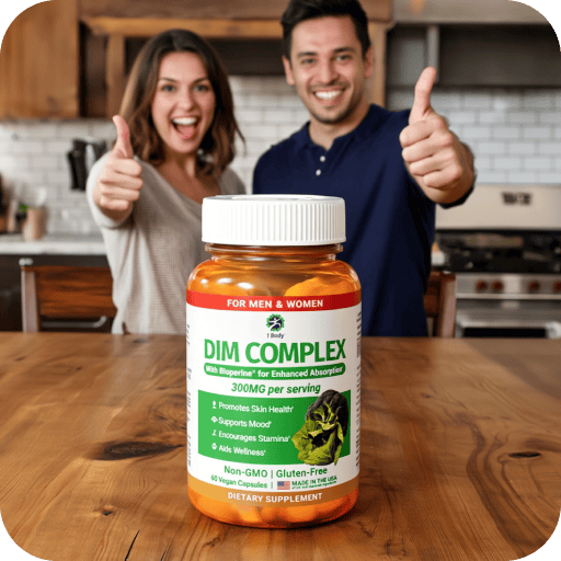 A bottle of dietary supplement called DIM Complex by the brand 'Fatty' placed on a wooden table, with a smiling couple in a kitchen behind it giving a thumbs-up.