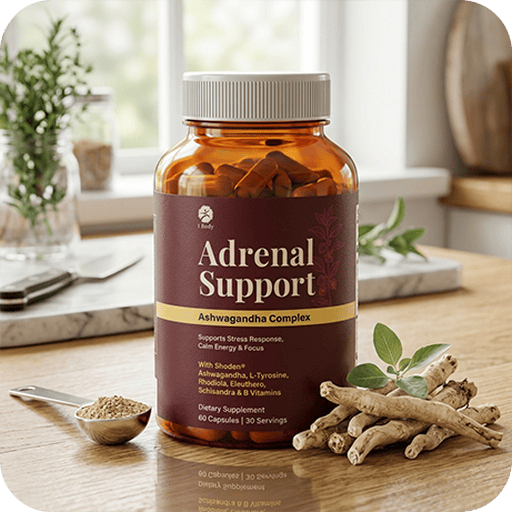 A bottle of Ashwagandha Complex dietary supplement labeled 'Adrenal Support' sits on a wooden table in a bright kitchen setting, surrounded by fresh roots, a spoonful of powder, and green herbs.