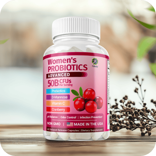 A bottle of Women's Probiotics Advanced 50B CFUs dietary supplement, featuring a pink label with white cap, displayed on a wooden surface with a blurred natural background and dried berries.