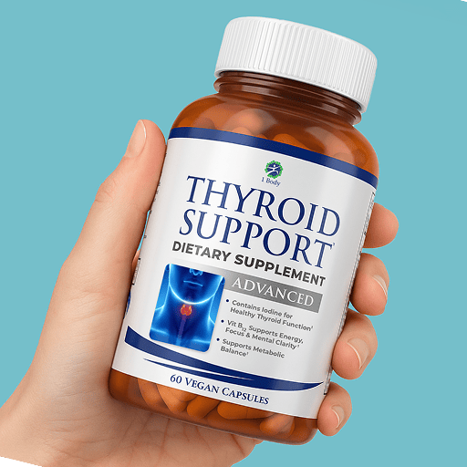 A hand holding an amber supplement bottle labeled 'Thyroid Support Advanced' against a solid light blue background.
