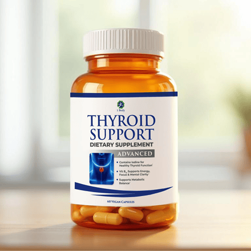 An amber plastic bottle of Thyroid Support dietary supplement with a white cap and a white label, shown on a wooden surface with a softly blurred indoor background.