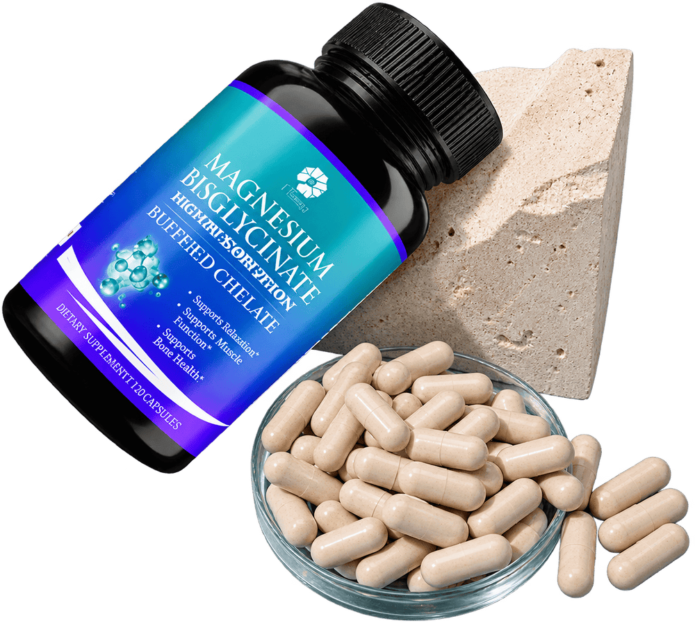 A bottle of Magnesium Bisglycinate Hydrochloride dietary supplement capsules shown with a glass bowl of beige capsules and a small stone chunk on a white background.