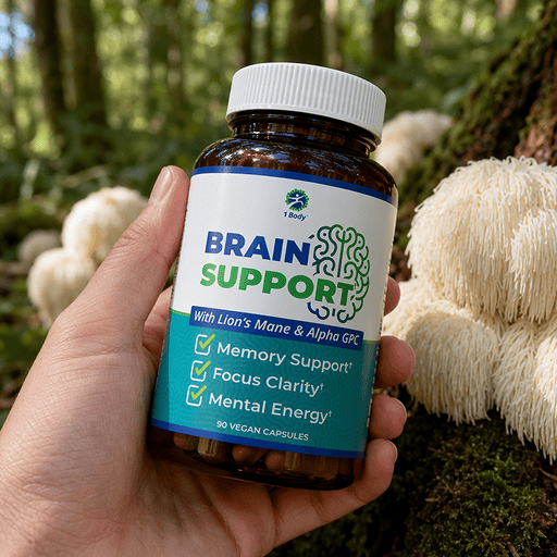 A hand holds a bottle of Brain Support dietary supplements in front of a forest background with lion's mane mushrooms.