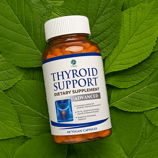 A bottle of Thyroid Support Advanced dietary supplement capsules placed on a background of green leaves. The bottle is amber brown with a white ribbed cap and a white label with blue and gray text and graphics.