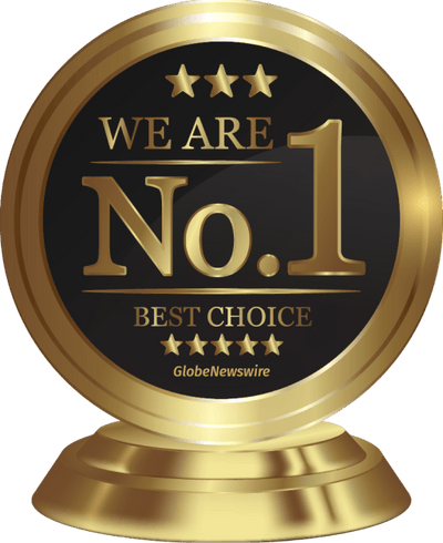 A round gold and black award badge with the text 'WE ARE No.1 BEST CHOICE' and 'GlobeNewswire' on a white background.