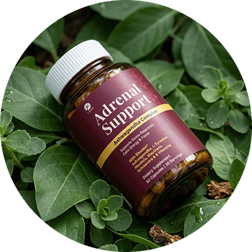 A bottle of Adrenal Support dietary supplement placed on green leaves. The bottle is amber brown with a white cap and a dark burgundy label featuring yellow text and a yellow band.