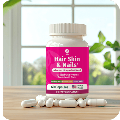 A bottle of Hair Skin & Nails dietary supplement with white capsules scattered on a wooden table in front of it, set against a bright, softly blurred window background with green plants.