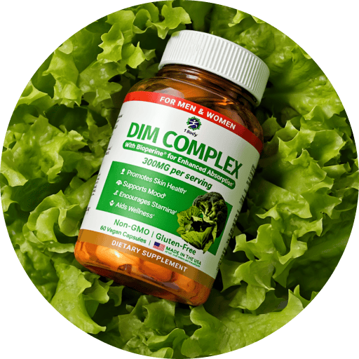 A bottle of DIM Complex dietary supplement by iNature, placed on a bed of fresh green lettuce leaves. The bottle is circular and amber-colored, with a white cap and a white label featuring green and red text.
