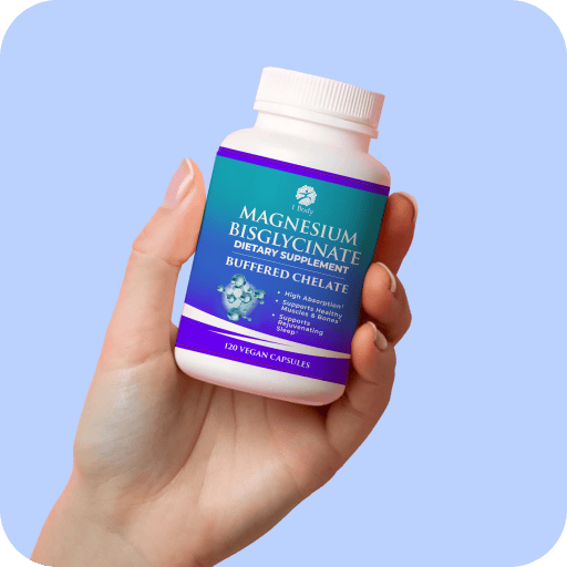 A hand holding a white bottle of Magnesium Bisglycinate dietary supplement against a solid light blue background.