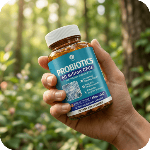A hand holds a bottle of Probiotics 60 Billion CFUs dietary supplement against a blurred green forest background.