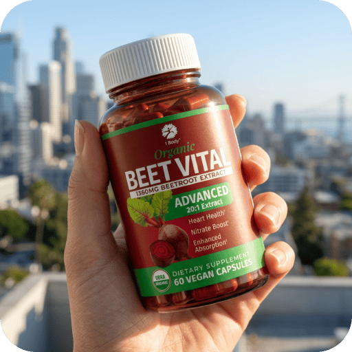 A hand holds a bottle of Organic Beet Vital dietary supplement capsules against a blurred city skyline background.