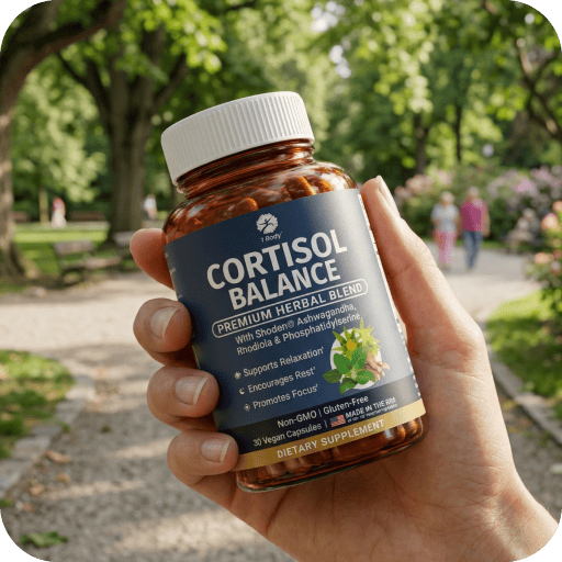 A hand holds a bottle of Cortisol Balance dietary supplement in a blurred park setting with green trees and a path in the background.