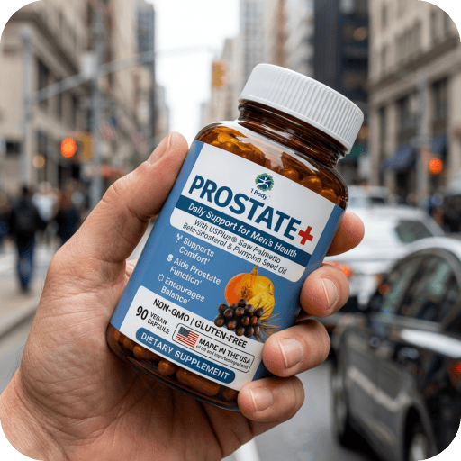 A hand holds an amber supplement bottle labeled 'PROSTATE+' with a white cap, photographed against a blurred city street background with pedestrians and cars.