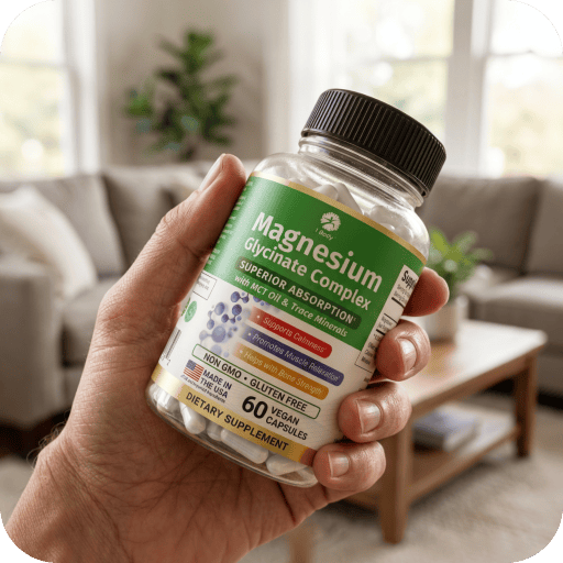 A hand holds a bottle of Magnesium Glycinate Complex dietary supplement in a cozy living room setting.