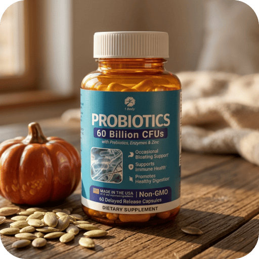 An amber plastic bottle of Probiotics dietary supplement with a white cap and a blue label, styled on a rustic wooden surface with a small pumpkin and scattered pumpkin seeds in the foreground.