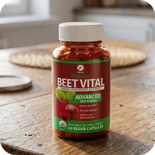 A bottle of iBody Organic Beet Vital dietary supplement capsules, containing 60 vegan capsules, set on a rustic wooden table with a softly blurred background.