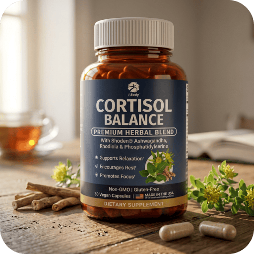 A bottle of Cortisol Balance Premium Herbal Blend dietary supplement, styled on a rustic wooden table with herbal ingredients and capsules, with a soft-focus tea cup in the background.