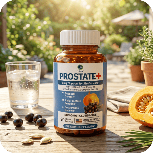 A bottle of Prostate+ dietary supplement with orange liquid and white cap, placed on a wooden table outdoors with a glass of water, seeds, and sliced pumpkin around it.
