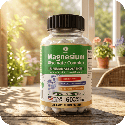 A bottle of Magnesium Glycinate Complex dietary supplement on a wooden table near a window with soft sunlight and blurred plants in the background. The bottle has a black cap and a green label with white text and a small blue leaf graphic.