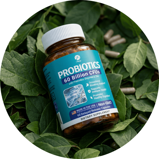 A bottle of Probiotics dietary supplement by Venum, placed among green leaves with capsules scattered around it.