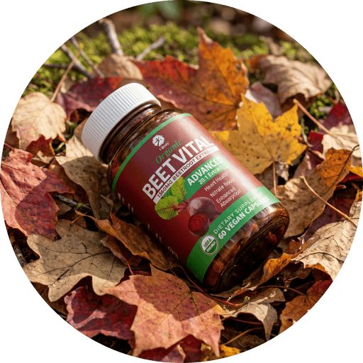 A bottle of Garden of the Gods Beef Vital supplement lies on a bed of fallen autumn leaves. The label is dark red with green and white text, and the bottle cap is white.
