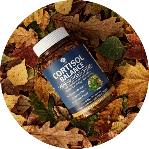 A bottle of Cortisol Balance dietary supplement placed on a bed of colorful autumn leaves, with a circular cutout background.