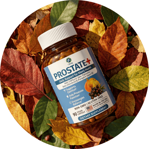 A bottle of Prostate+ dietary supplement with a white cap and blue label, placed on a bed of colorful autumn leaves. The circular composition is centered on the product bottle.