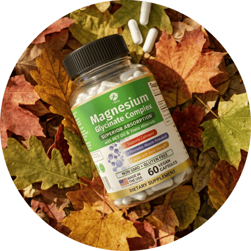A bottle of Magnesium Glycinate Complex dietary supplement capsules placed on a bed of colorful autumn leaves, with a few capsules scattered above the bottle.