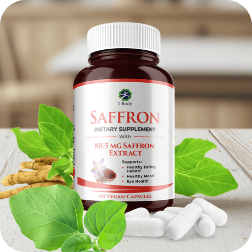 A bottle of Saffron dietary supplement by 1 Body, surrounded by fresh green saffron leaves, dried saffron threads, and several white capsules on a light wooden surface with a blurred background.